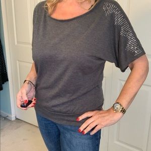 Charcoal gray embellished top large scoop …